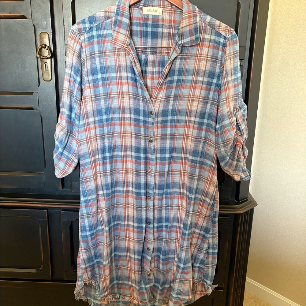 Bella Dahl Blue and Red Plaid Button Up Top